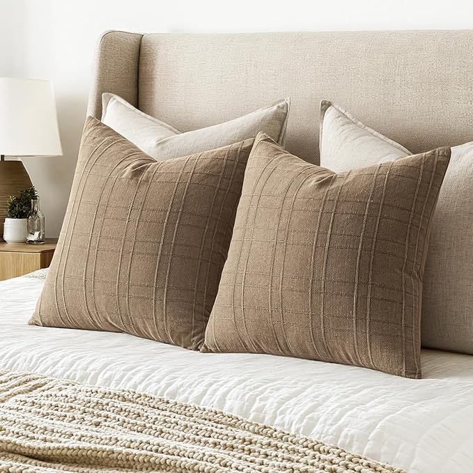 MIULEE Decorative Linen Check Euro Shams Throw Pillow Covers Neutral Farmhouse Vintage Pillow Covers 26x26 Set of 2 Boho Modern Winter Home Decor for Sofa Couch Bedroom Cushion Light Brown