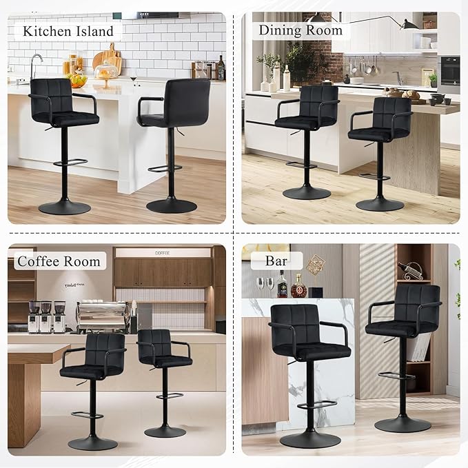 Furniliving Adjustable Barstools with Back, Black bar stools Set of 2, Velvet 360°Swivel Bar Stools, Double Stitching Counter Stools for Kitchen, Bar (Black)