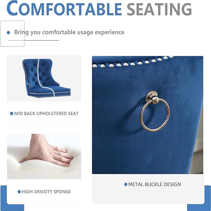 YISHENG Modern Swivel 27" H Seat Set of 6 Velvet Barstools with Backrest and Footrest,Button Tufted Rivet Trim Dining Room Chairs with Metal Pull Ring for Kitchen Island，Bistro, Home Bar，Blue