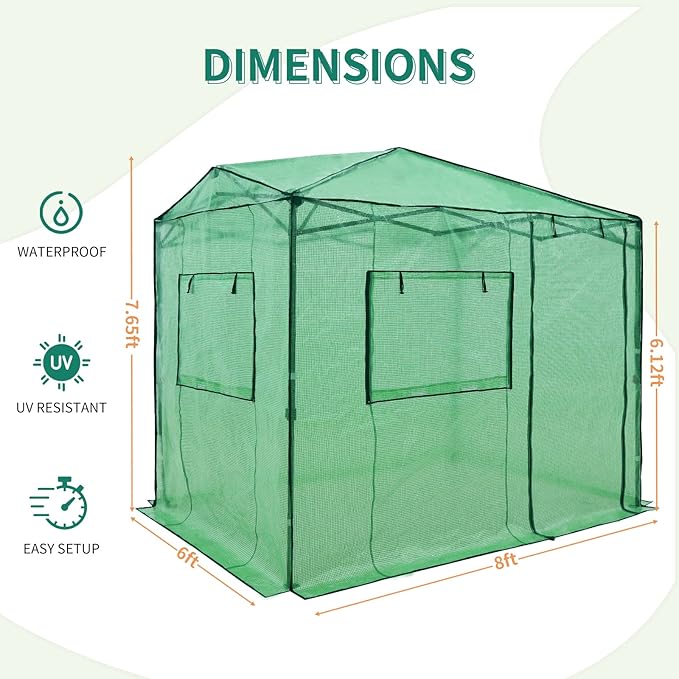 EAGLE PEAK Replacement Cover for 8x6 Portable Walk-in Pop up Greenhouse, Front Roll-Up Zipper Entry Door and 2 Large Roll-Up Side Windows (Frame Not Included), Green