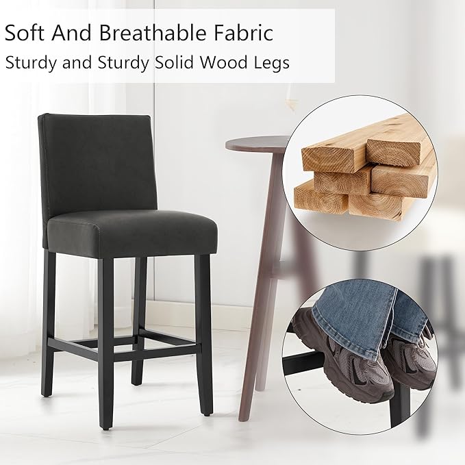 26'' Faux Leather Bar Stools, Modern Upholstered Bar Height Bar Chairs, Soild Wood Legs Barstools with Back, Black