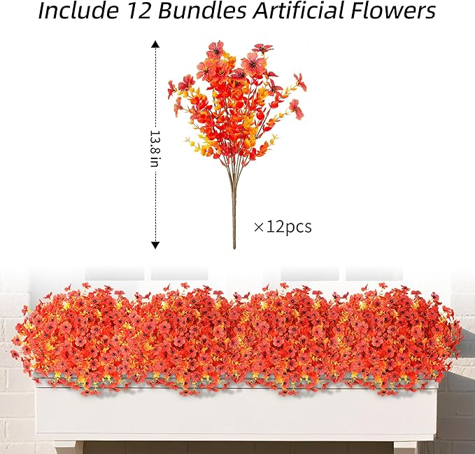 Ivydale Fall Flowers Artificial for Decoration Outdoors Fake Mums 12 Bundles Faux Planters UV Resistant Look Real for Autumn Home Porch Patio Garden Yard, Fall-Orange