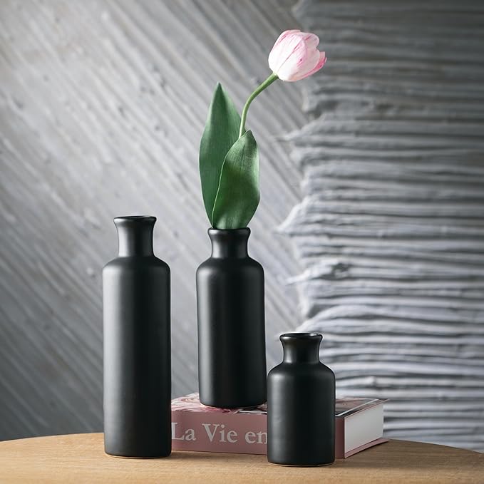 Sullivans Ceramic Black Vase Set, Modern Home Decor Decorative Vases for Your Kitchen, Bedroom, Office, Living Room, Bathroom, & Shelf Decor, Centerpiece Table Decorations, Small Vases (CM3038)