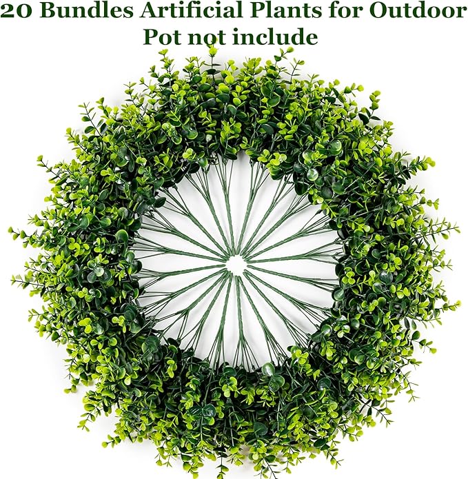 20 Bundles Artificial Plants for Outdoor Fake Plants for Spring Decoration,Faux Eucalyptus Plants for Planter UV Resistant Lifelike for Home Porch Garden（Green）