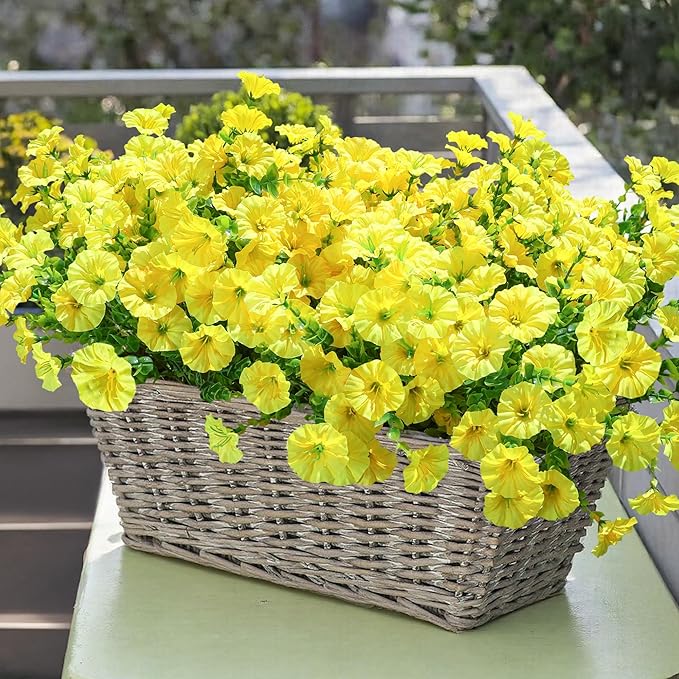 Fake Mums Fall Artificial Flowers Plants for Outdoors Autumn Decoration, 12 Bundles Yellow Silk Morning Glory with Eucalyptus Realistic UV Resistant Faux Flowers for Outside Planter Yard Garden Porch