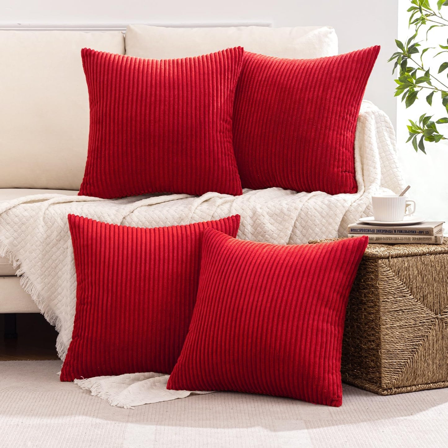 MIULEE Boho Farmhouse Throw Pillow Covers 18x18 Inch Set of 4 Mordern Nordic Cushion Covers Soft Corduroy Home Decor for Couch Bed Sofa Living Room Christmas Red