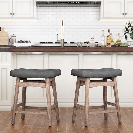 PHI VILLA Farmhouse Bar Stools Set of 2 - Wood Bartools with Upholstered Saddle Seat, 24 inch stools for Kitchen Counter Set of 2