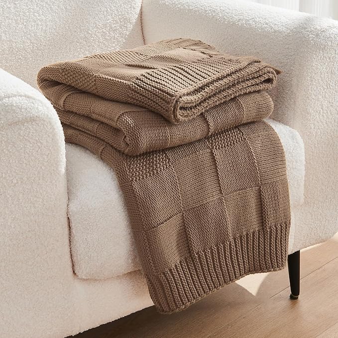 CozeCube Check Knit Throw Blanket, Light Brown Checkered Throw for Couch, Decorative Christmas Soft Cozy Warm Knitted Blanket for Bed Sofa Living Room, 50"X60"