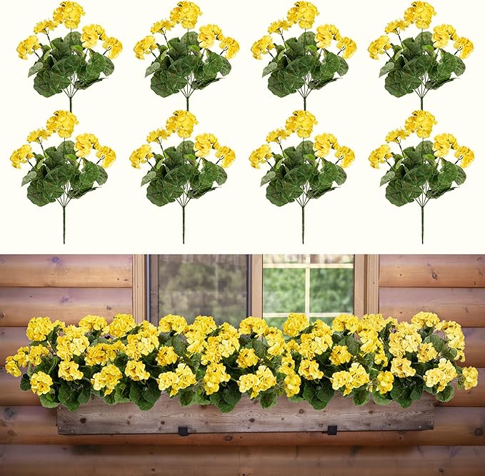 Plastic Flowers for Outdoors Home Decor Fake Plants Artificial Flowers Artificial Geraniums Outdoor Fake Flowers Silk Bouquet, Fall Decor for Interior Porch Garden Decor14.4(Yellow) 8PCS