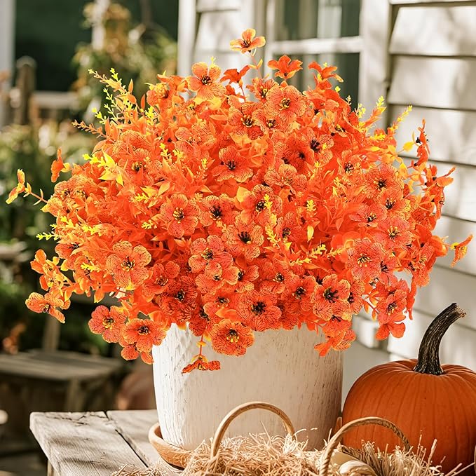 SHareconn 48 Bundles Artificial Fall Flowers for Outdoors Decoration, UV Resistant Silk Eucalyptus Lavender Faux Autumn Fake Plants for Outside Indoor Garden Yard Porch Home Decor, Sunset Red Orange