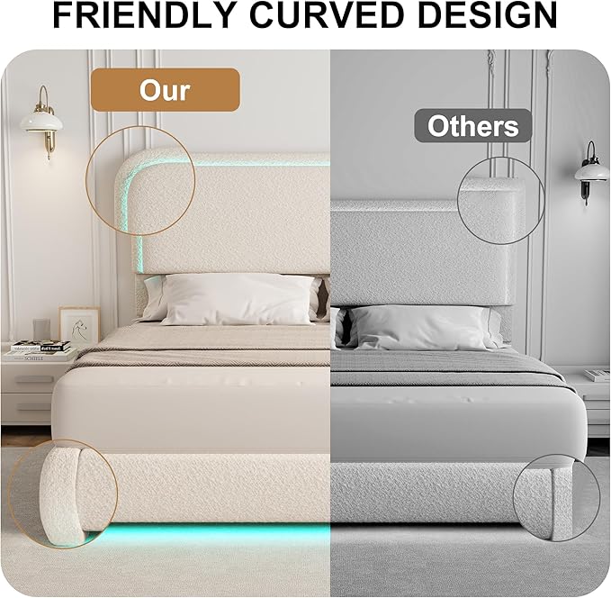 Full Bed Frame, Soft Teddy Fleece Upholstered Platform Bedframe with Thickened Rounded Corners Headboard Footboard, Modern Curved Shaped Cloud Bed Frame with LED Lights, No Box Spring Needed, Cream