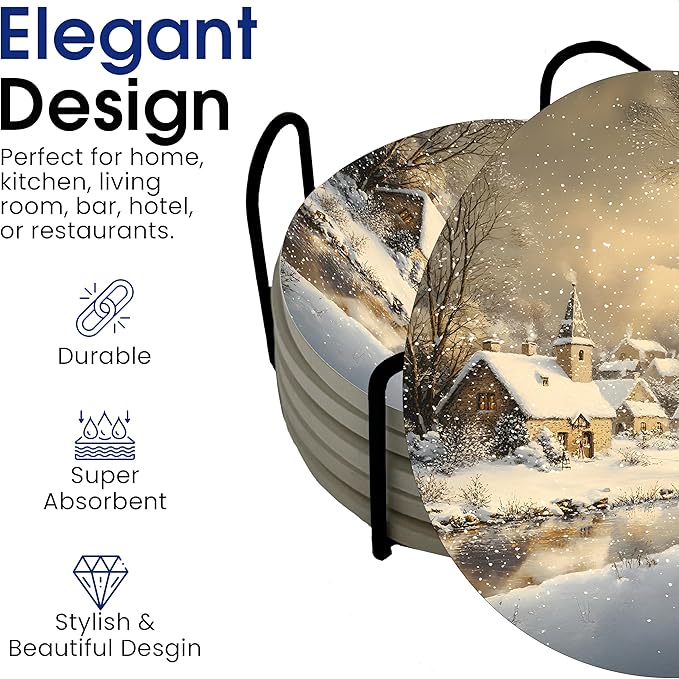 Winter Wintertime Snow Season Round Coasters Set of 6 - Abosrbent Ceramic Coasters with Metal Stand for Drinks, Coffee, Non-Slip Cork Back for Tabletop Protection, 4 Inches (Village)