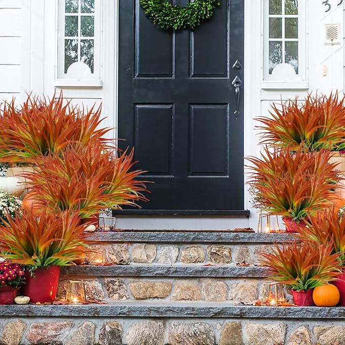 24Pcs Artificial Grass Plant Fake Outdoor Plastic Plants UV Resistant Faux Grasses Greenery Shrubs for Window Box Garden Patio Porch Home Decor Red