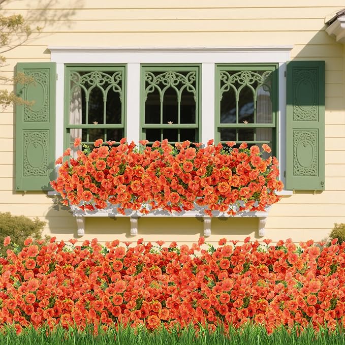 12 Bundles Fall Flowers Artificial for Decoration, Fake Flowers Artificial Plants Outdoor, Colorful Faux Morning Glory Realistic UV Resistant for Garden Patio Porch Home Decor (Orange)