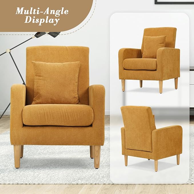 Athena Collection Modern Accent Chair with Cushion, Comfy Upholstered Fabric Reading Chair for Adult, Soft Sofa Armchair for Living Room, Bedroom, Dorm, Yellow