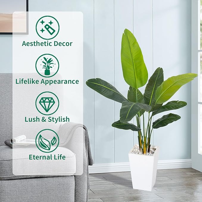 Bird of Paradise Artificial Plant 5FT, Faux Tropical Palm Tree with White Tall Planter, Large Fake Plants in Pot - Artificial Tree for Home Office Living Room Decor Indoor