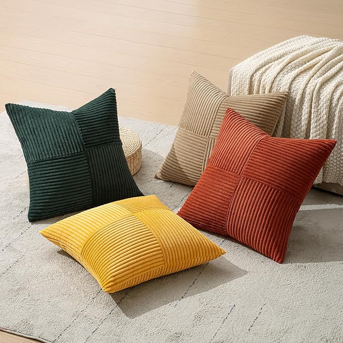 MIULEE Green Rust Throw Pillow Covers 16x16 Inch Set of 4 Boho Farmhouse Soft Corduroy Striped Cushion Cases Decorative Color-Clash Home Decor for Couch Sofa Living Room Bed
