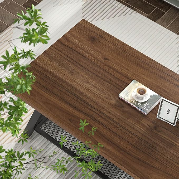 FOLUBAN Modern Coffee Table, Rustic Wood and Metal Center Table with Storage, Industrial Rectangle Cocktail Tea Table for Living Room, Walnut, 47 Inch