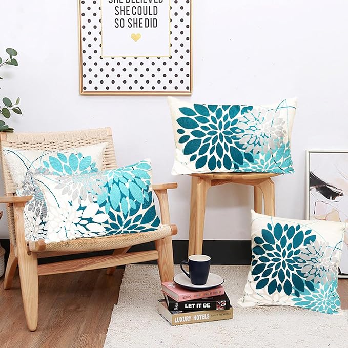 Teal Blue Decorative Throw Pillow Covers 12x20 Inch Pillow Covers for Couch Living Room Bedroom Outdoor.Modern Sofa Throw Pillow Cover.Farmhouse Geometric Floral Linen Square Pillow Case.Set of 2