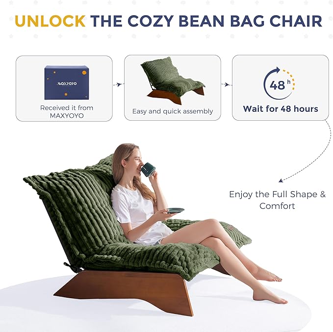 MAXYOYO Adjustable Living Room Chair, 3-Position Bean Bag Chair with Removable Cover, Upholstered Accent Chair with Frame, Soft Reclining Lounge for Bedroom, Apartment, Office, Green