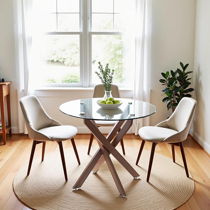 Dining Table for 4 Modern Round Dining Table 35.43" Kitchen & Dining Room Tables with Metal Legs and Glass Tabletop for Dining Room and Apartment, Brown