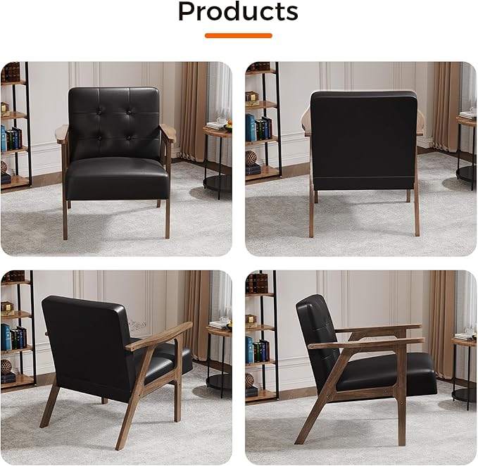 Casaottima PU Leather Accent Chair Mid Century Comfy Cozy Chair with Solid Wood Legs,Modern Arm Reading Chair with Button Tufted Back for Living Room Bedroom (Dark Black)