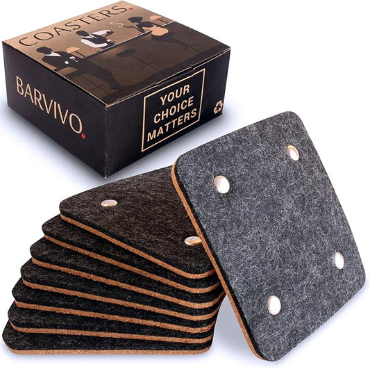 Barvivo Classic Felt Coasters for Drinks with Rivets - Set of 8 Cork Coasters with Felt Side for Tabletop Protection, Anti Slip, Absorbent, Suitable for Drinks & All Table Types - Black Design