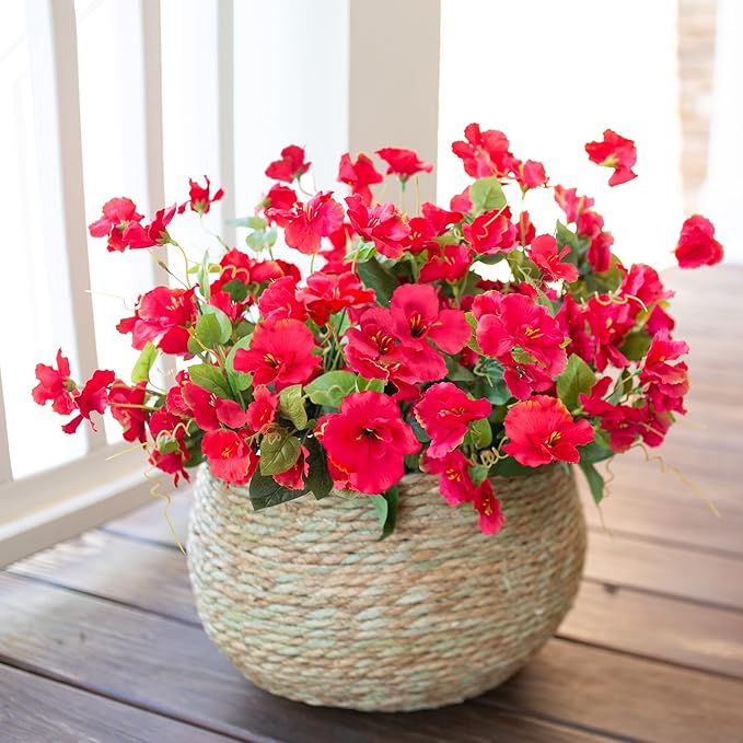 Fake Hibiscus Artificial Flowers for Outdoors Spring Summer Decoration, 6 Bundles Silk Red Hibiscus Flowers Bouquet UV Resistant Look Real Faux Plants for Outside Planter Front Door Porch Balcony Yard