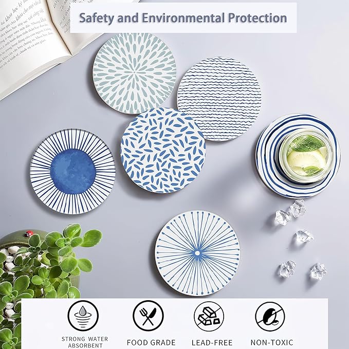 Drink Coasters Set of 6 with Holder, Blue Watercolor Series Absorbent Ceramic Coasters with Cork Base,Fit All Cups,Great Gift for Housewarming,Room Decor,Bar,Holiday Party