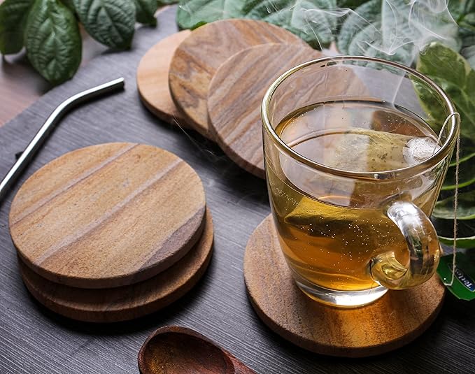 Sandstone Water Absorbent Hand Crafted Round Coasters for Drinks - 4 Inches Wide Thirsty Stone Bar/Drink Coasters- Made from Rainbow Sandstone (Set of 4 with Holder)