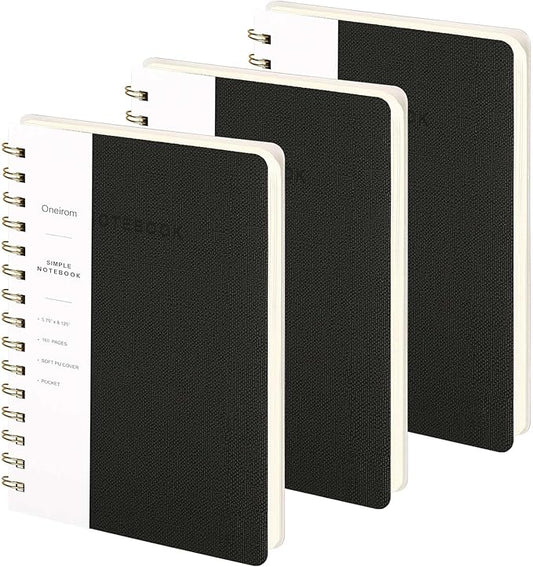 Lined Spiral Notebook College Ruled A5 Journal Book for Note Taking, 160 Pages Writing Journal for Office and Home School Supplies 5.75x8.125 inch (3pack-Black)