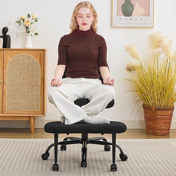 Criss Cross Legged Meditaion Chair,Exquisite Home Office Furniture,Ergonomic Kneeling with Lumbar Support and Adjustable Height Stool,for ADHD Adults,Teddy Fabric (Black)