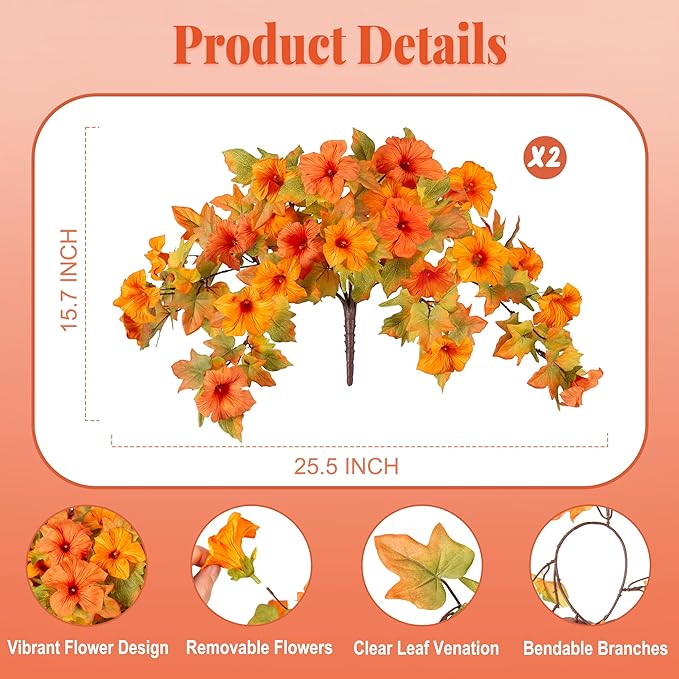 Fall Flowers Artificial for Decoration Fake Petunias Plants for Outdoor, 2PCS Autumn Silk Faux Flower UV Resistant No Fade Planter Floral for Garden Balcony Yard Porch Realistic Indoor Decor (Orange)