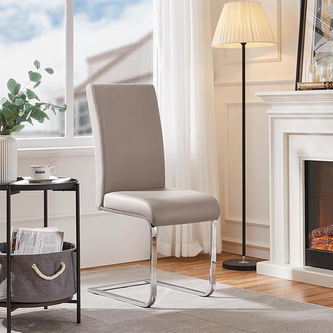 Yaheetech Dining Chairs Set of 6 Modern Faux Leather Upholstered Dining Room Chairs with High Back and Metal Chrome Legs for Kitchen/Living Room/Restaurant, Light Brown