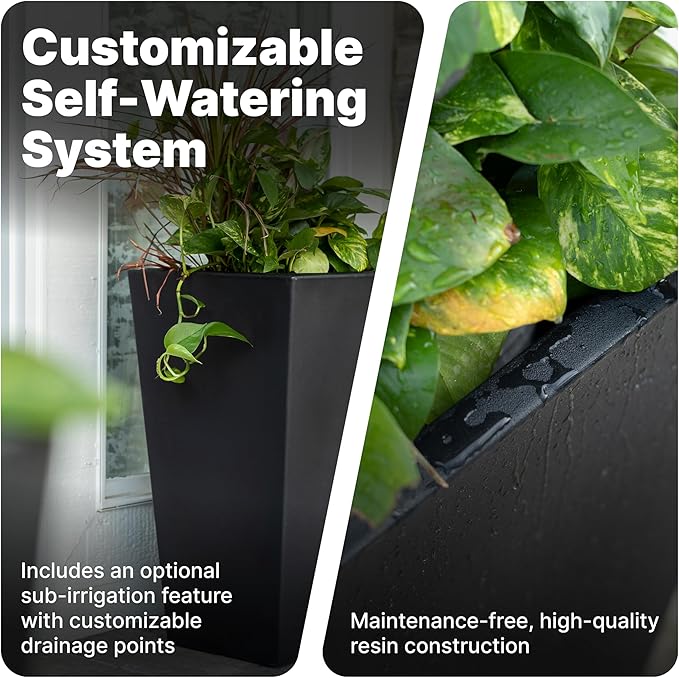Step2 Tremont Tall Square Tapered Planter, Large Planters for Outdoor Plants, Gardening and Flower Pot for Patio or Porch, Efficient Drainage, Durable Plastic, Onyx Black, 2-Pack