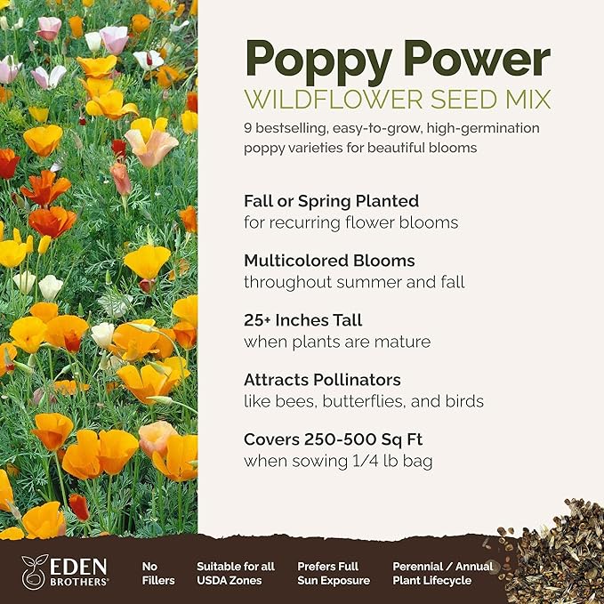 Eden Brothers Poppy Power Flower Mixed Seeds for Planting, 1/4 lb, 120,000+ Seeds with Red Corn, Iceland, California Poppy, Attracts Pollinators, Plant in Spring or Fall, Zones 3, 4, 5, 6, 7, 8, 9, 10