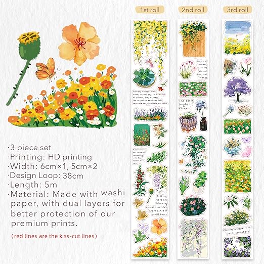 WT Spring Oasis Washi Tape Sticker Set, 3 Rolls, Original Designs, Nature-Inspired Floral Decorative Masking Tape, Wide Craft Tape, Bujo Planner Supplies, Adhesive Wrapping Tape, DIY Paper Tape