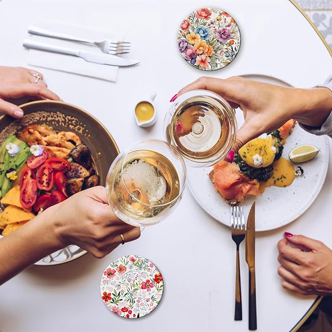 6 Pcs Coasters for Drinks with Holder, Vintage Watercolor Flowers Absorbent Ceramic Coasters with Cork Base,Cute Funny Table Drinks Coasters Tabletop Protection Mat,Table Home Decor,4 Inches