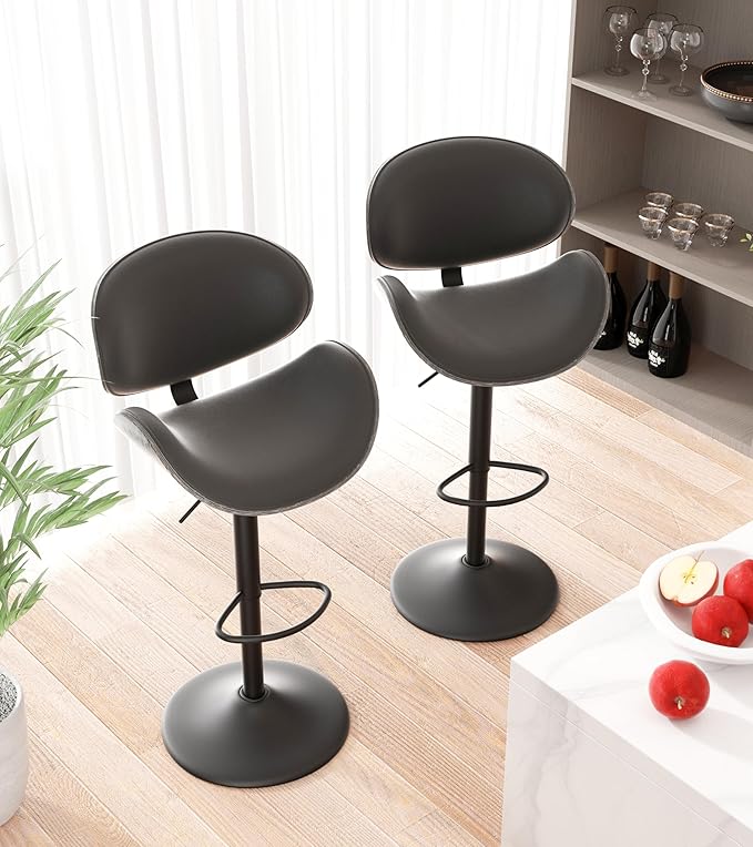 Swivel Bar Stools Set of 2, Seat Adjustable Height 23.5-32.5IN Bentwood Barstools with Back & Footrest, PU Leather Upholstered Counter Height Bar Chairs for Bar Kitchen Dining Room, Grey