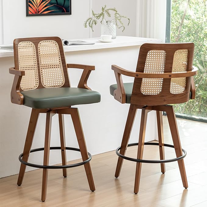 Counter Stools Set of 2 - 27 inch Swivel CounterStools with Rattan Back, Curved Arms, Upholstered Seat, Adjustable Bamboo Legs, Counter Top Stools for Island/Pub/Kitchen (27" Seat Height, Green)