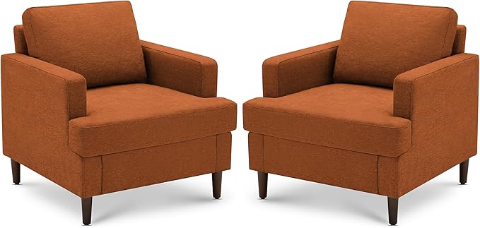 Mid-Century Accent Chair,Modern Linen Fabric Armchair for Living Room,Comfy Upholstered Reading Accent Chairs for Bedroom,Single Sofa Chair with Wood Legs (Orange, 2 Pack)