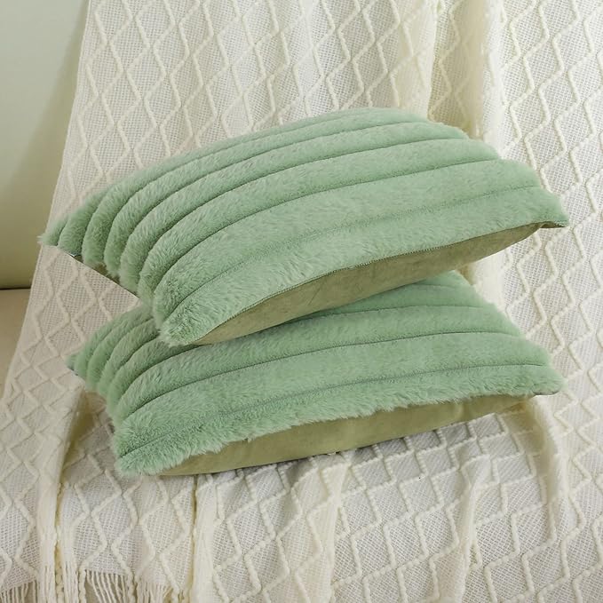 FUTEI Sage Green Striped Decorative Throw Pillow Covers 12x20 Inch Set of 2,Rectangle Fall Decorations Couch Lumbar Pillowcase,Soft Cozy Faux Rabbit Fur & Velvet Back,Modern Home Decor for Bed