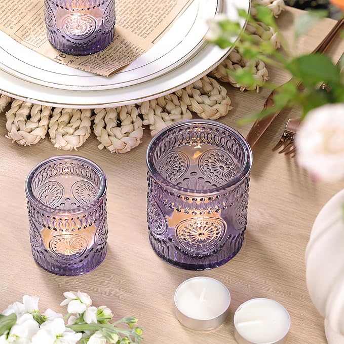 Volens 20pcs Assorted Purple Votive Candle Holders with 20pcs Tealight Candles, Large Glass Votive & Tea Light Candle Holder for Wedding Table Centerpieces, Christmas Party Decorations, Home Decor