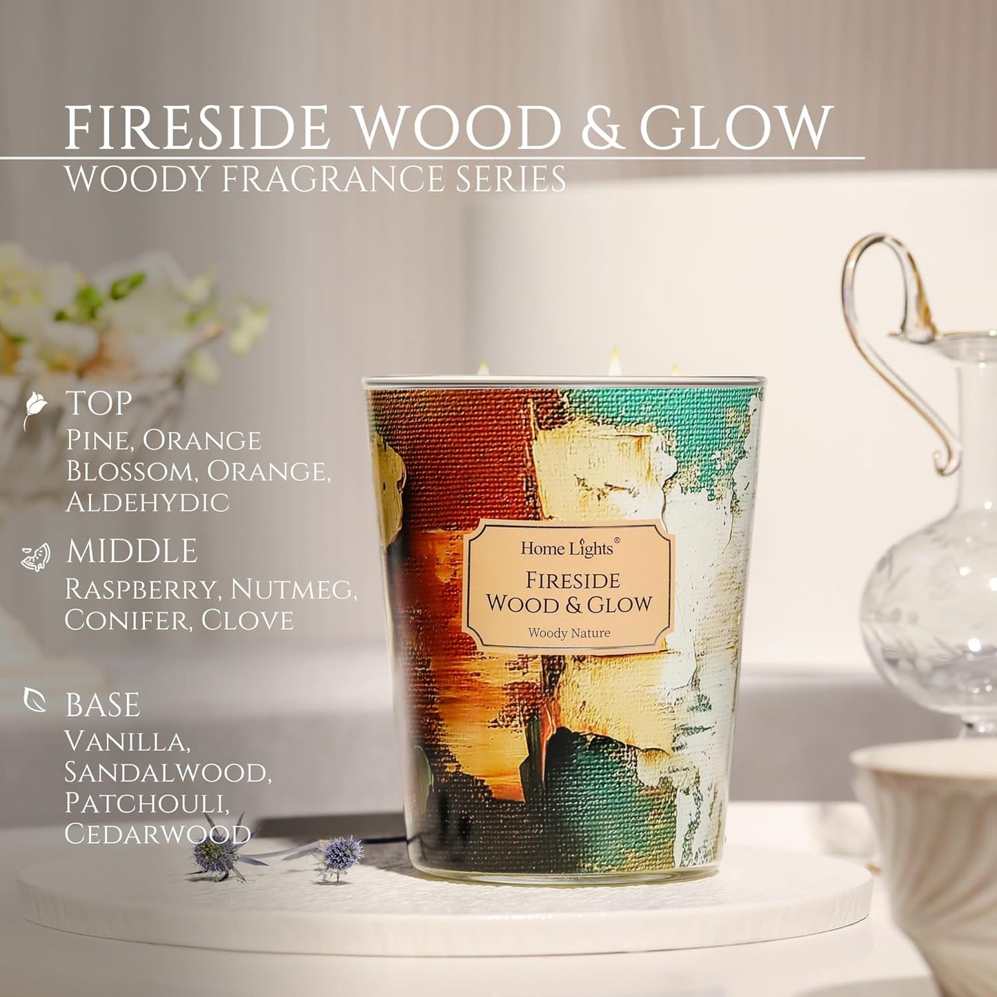 HomeLights 3-Wick Candles for Home Scented - 34oz Soy Wax Blend Candle Long-Lasting Fragrance, Industrial Chic Home Decor and Housewarming Gifts, Fireside Wood & Glow