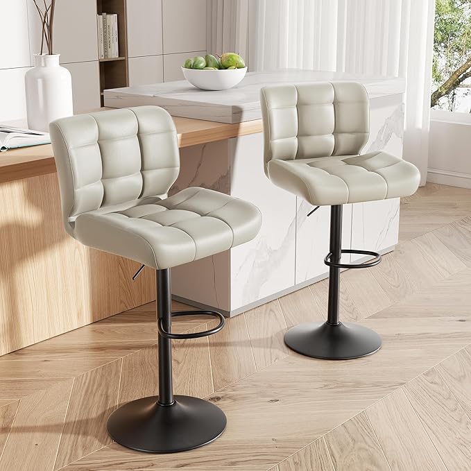 Modern Bar Stools Set of 5, Faux Leather Upholstered Swivel Bar Stools, Adjustable Counter Height Bar Chairs with High Back and Footrest for Kitchen Island (Khaki)