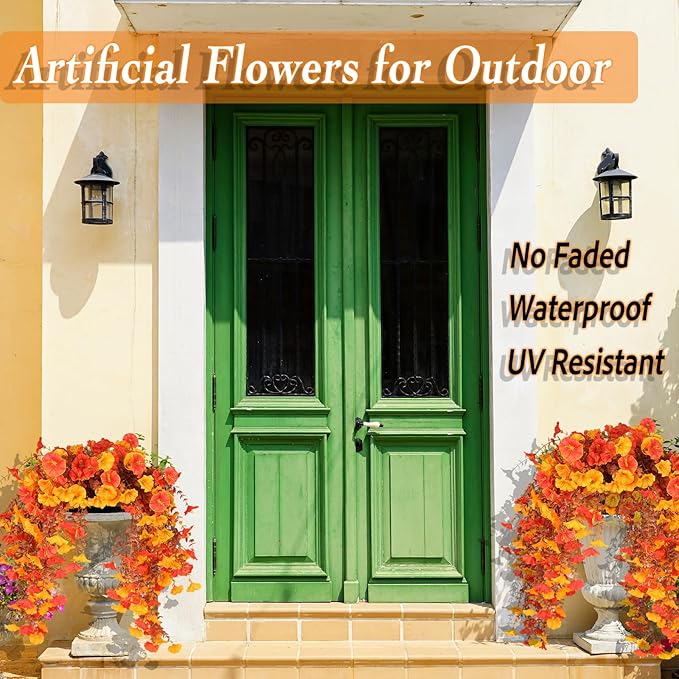 Fake Mums Morning Glory Hanging Flowers, 4 pcs Fall Faux Flowers for Outdoor Planters, Fake Mums for Yard Patio Lawn Garden, Real Touch Fake Flowers Fall Porch Decor, Autumn Floral Decor