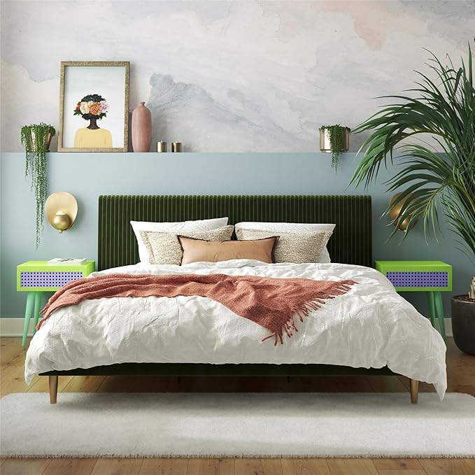 Mr. Kate Daphne Upholstered Bed with Vertical Channel Tufted Headboard, King, Olive Green Velvet