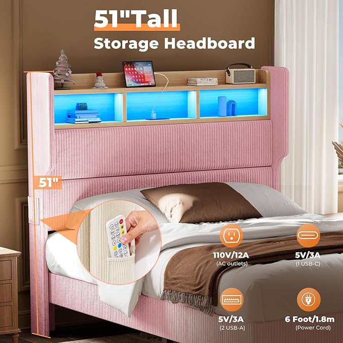 King Size Bed Frame with 51" Tall Corduroy Wingback Headboard and Storage Shelf, Upholstered Platform Bed with LED Lights & Charging Station, No Box Spring Needed, Easy Assembly, Pink