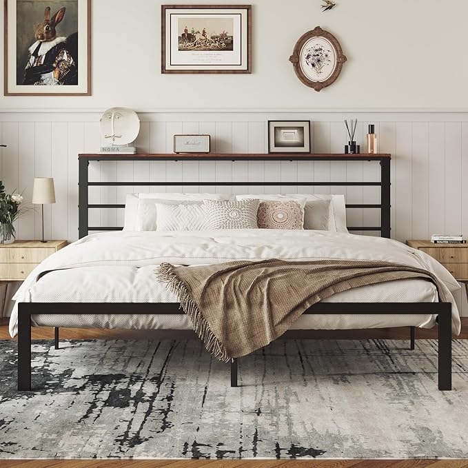 MUTICOR King Size Metal Platform Bed Frame with Shelf Headboard, No Box Spring Needed, Easy Assembly, Brown Shelf