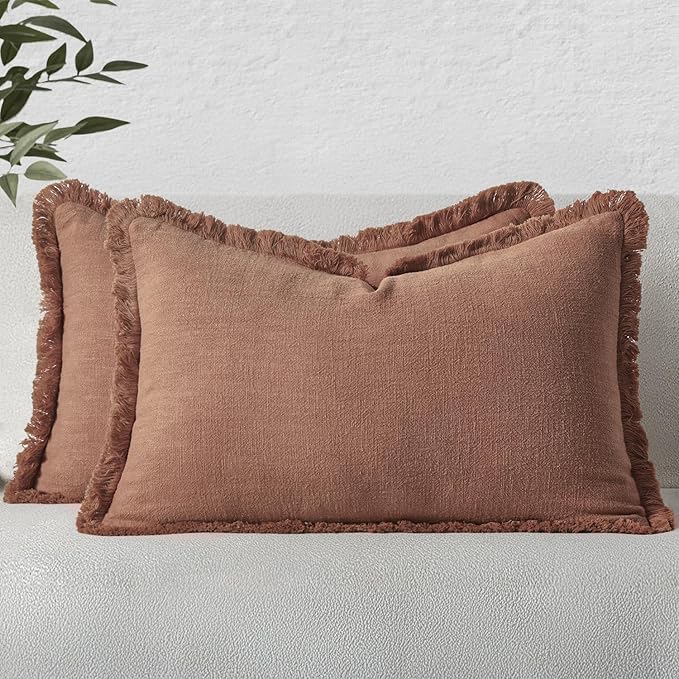 MIULEE Decorative Lumbar Throw Pillow Covers Neutral Linen Fringe Throw Pillows Set of 2 Brick Boho Farmhouse Cushion Covers with Tassels for Couch Sofa Bed Living Room Spring Home Decor 12x20 Inch